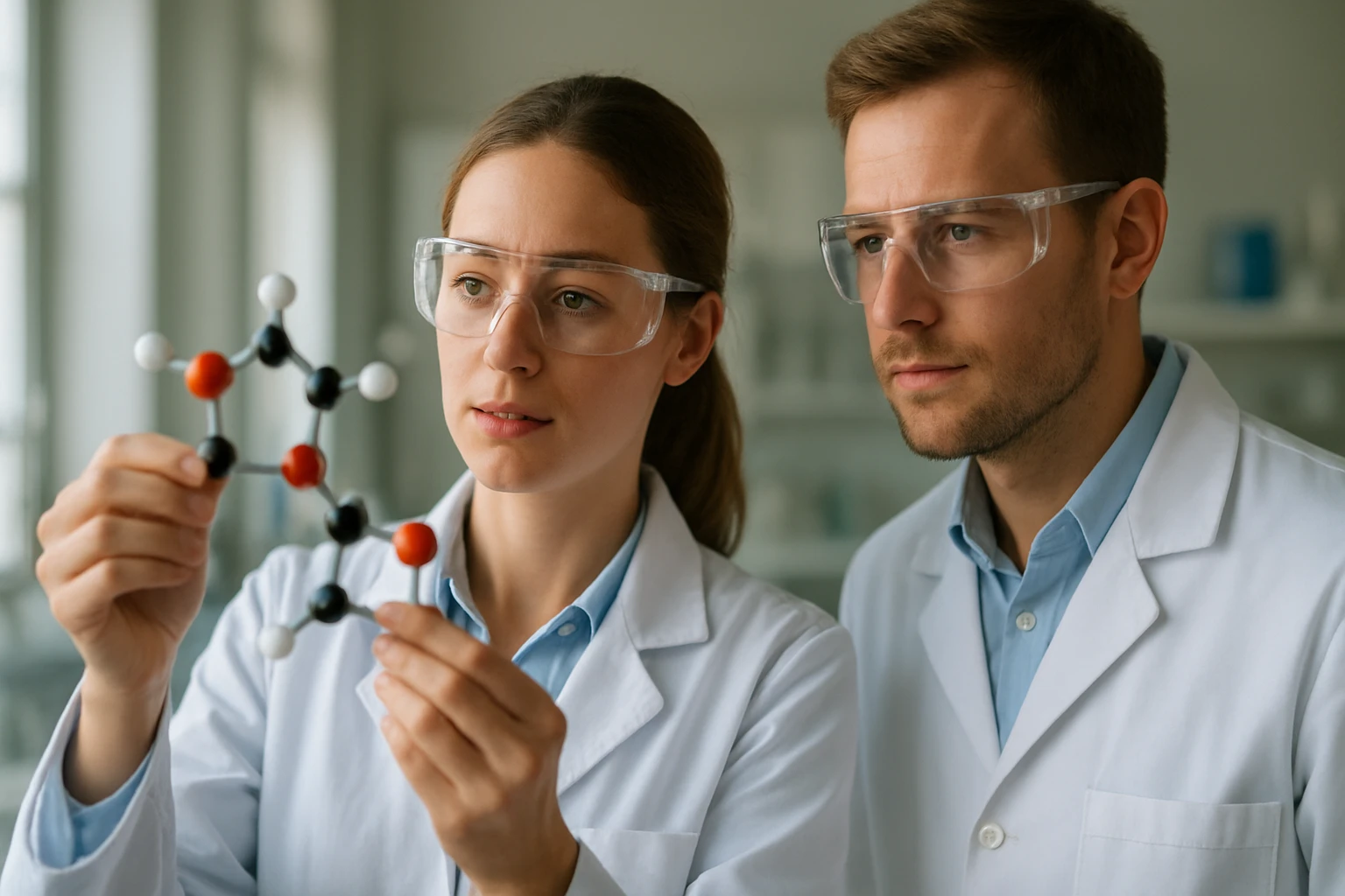 Két kutató disztearil-tartarát molekulát vizsgálva laboratóriumban.