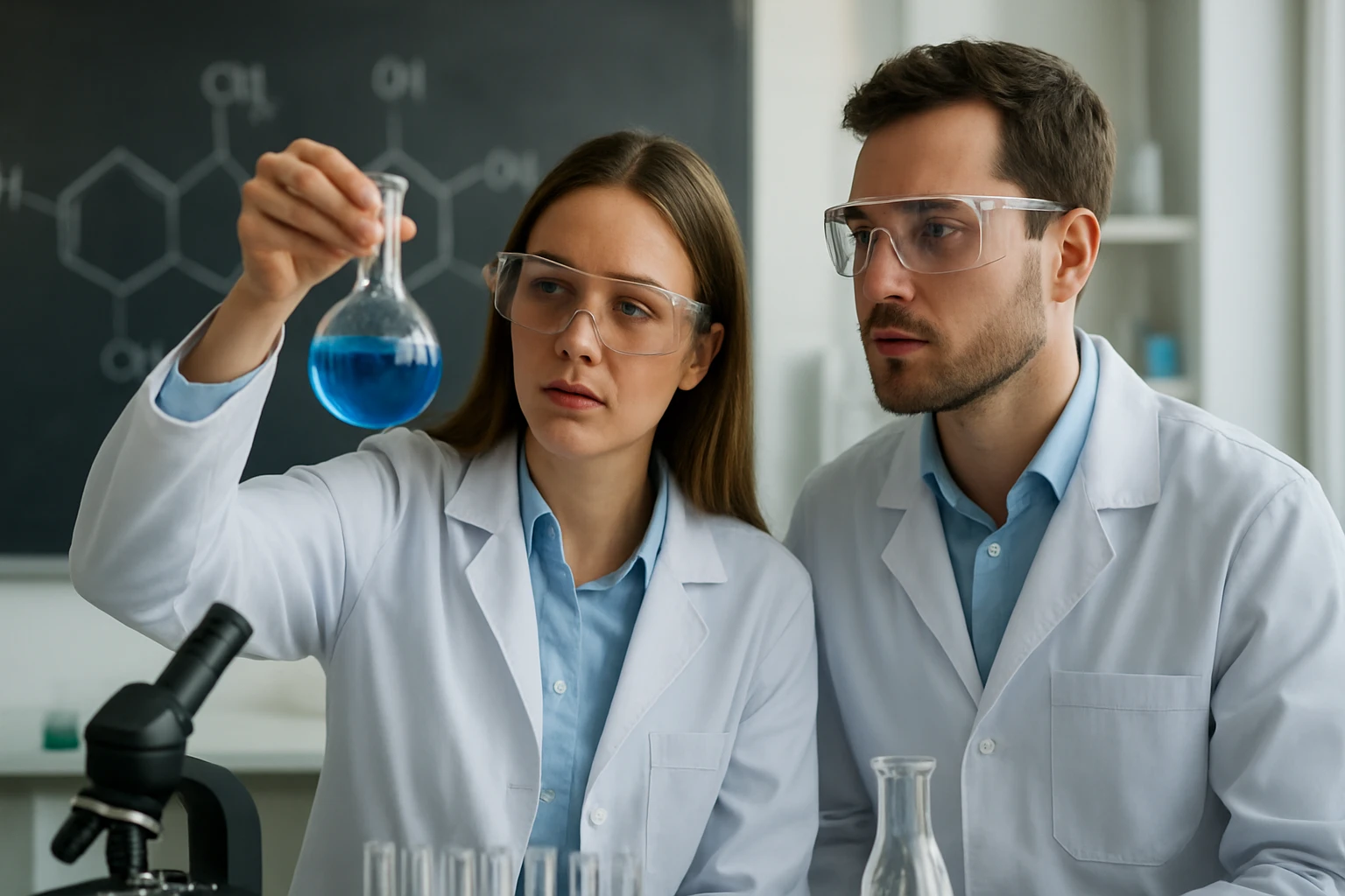 Két tudós laboratóriumban DMSO oldatos kísérletet végez