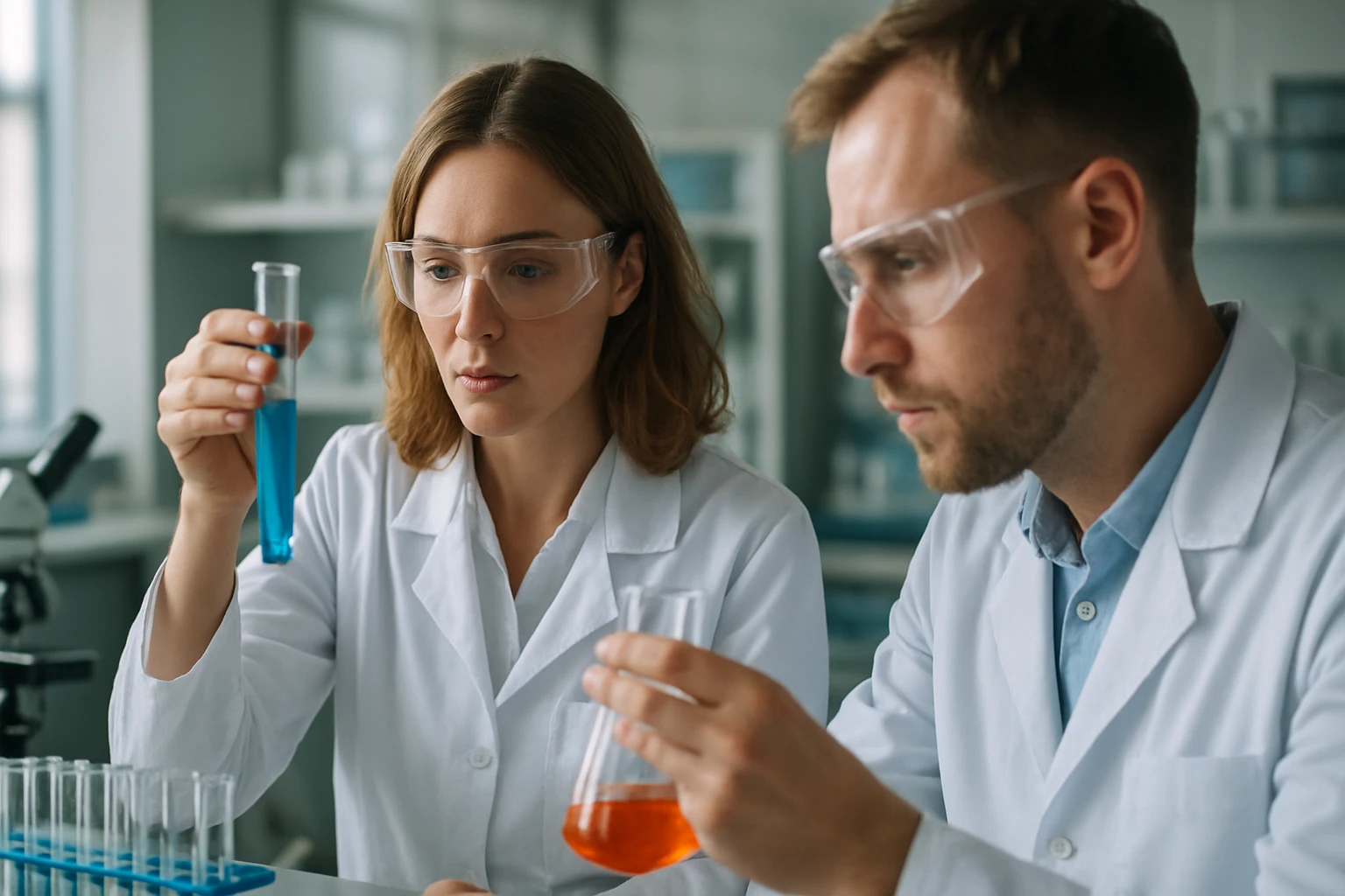 Két kutató laboratóriumban vegyületeket elemez