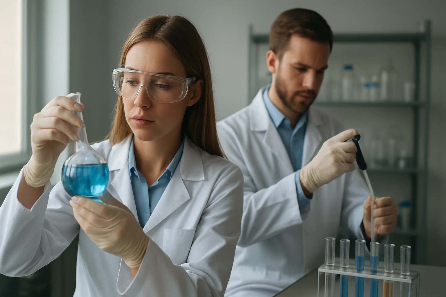 Két tudós laboratóriumban kémiai kísérleteket végez.