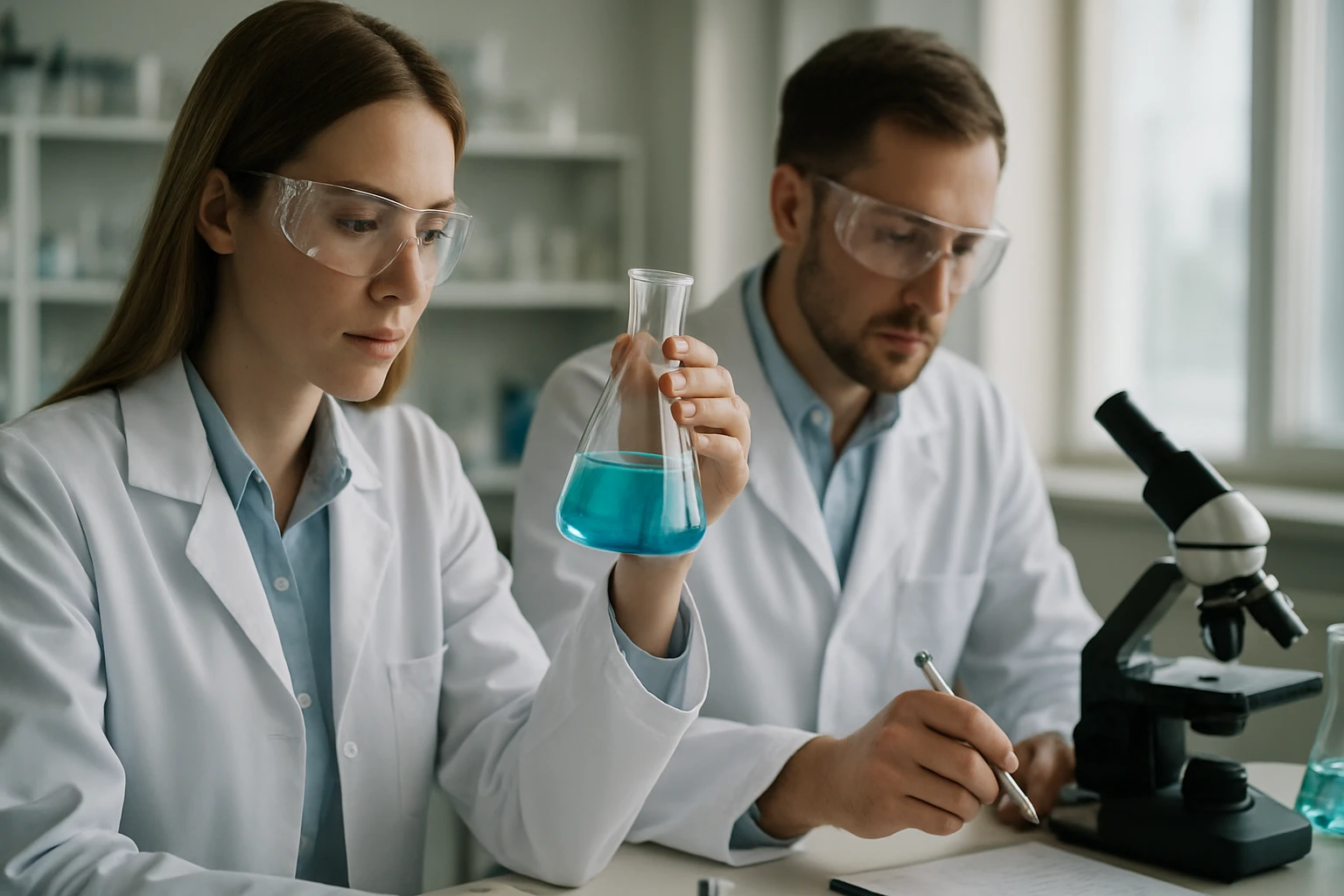 Kémikusok laboratóriumban, hőre keményedő műanyagok vizsgálata.