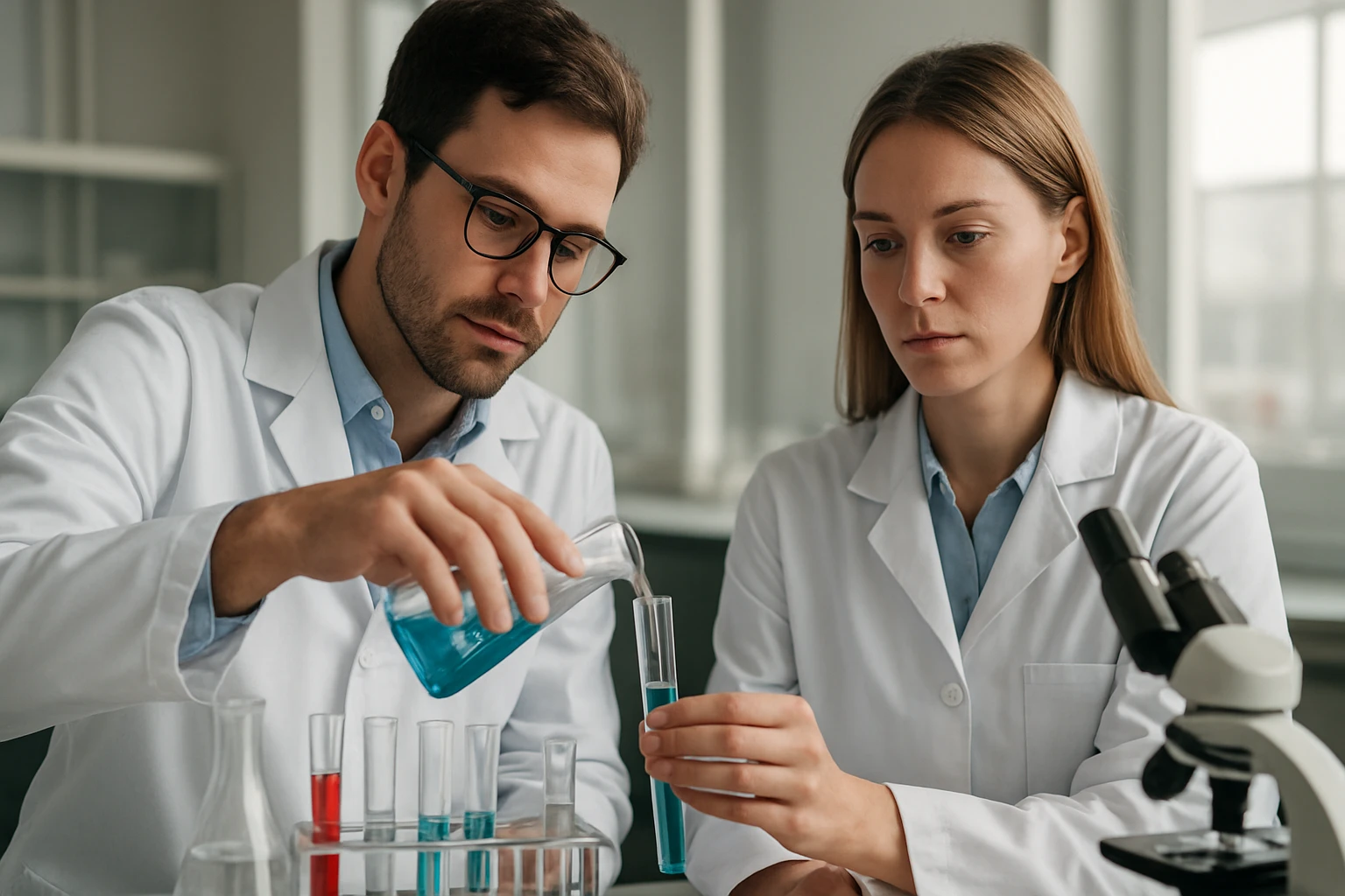 Két kutató laboratóriumban kémiai kísérletet végez.