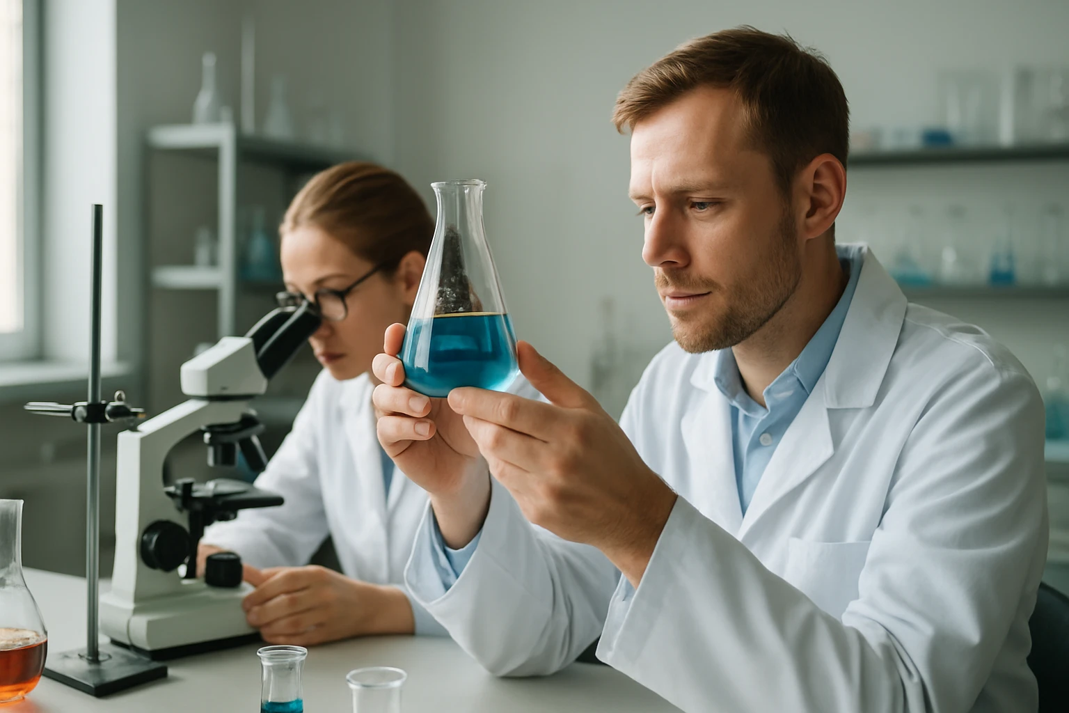 Ecetsav: Képlete, Tulajdonságai és Otthoni Felhasználási Lehetőségei Két tudós laboratóriumban, ecetsavat vizsgálnak kémcsőben.