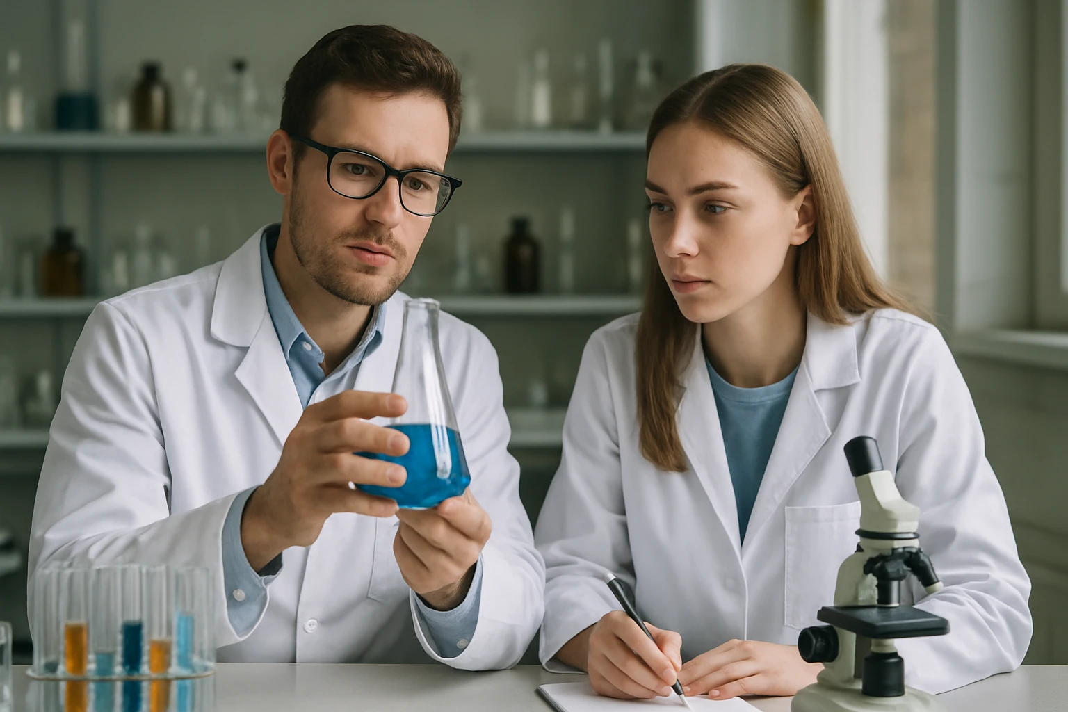 Két tudós az ecetsav-metil-észter vizsgálatánél a laborban.