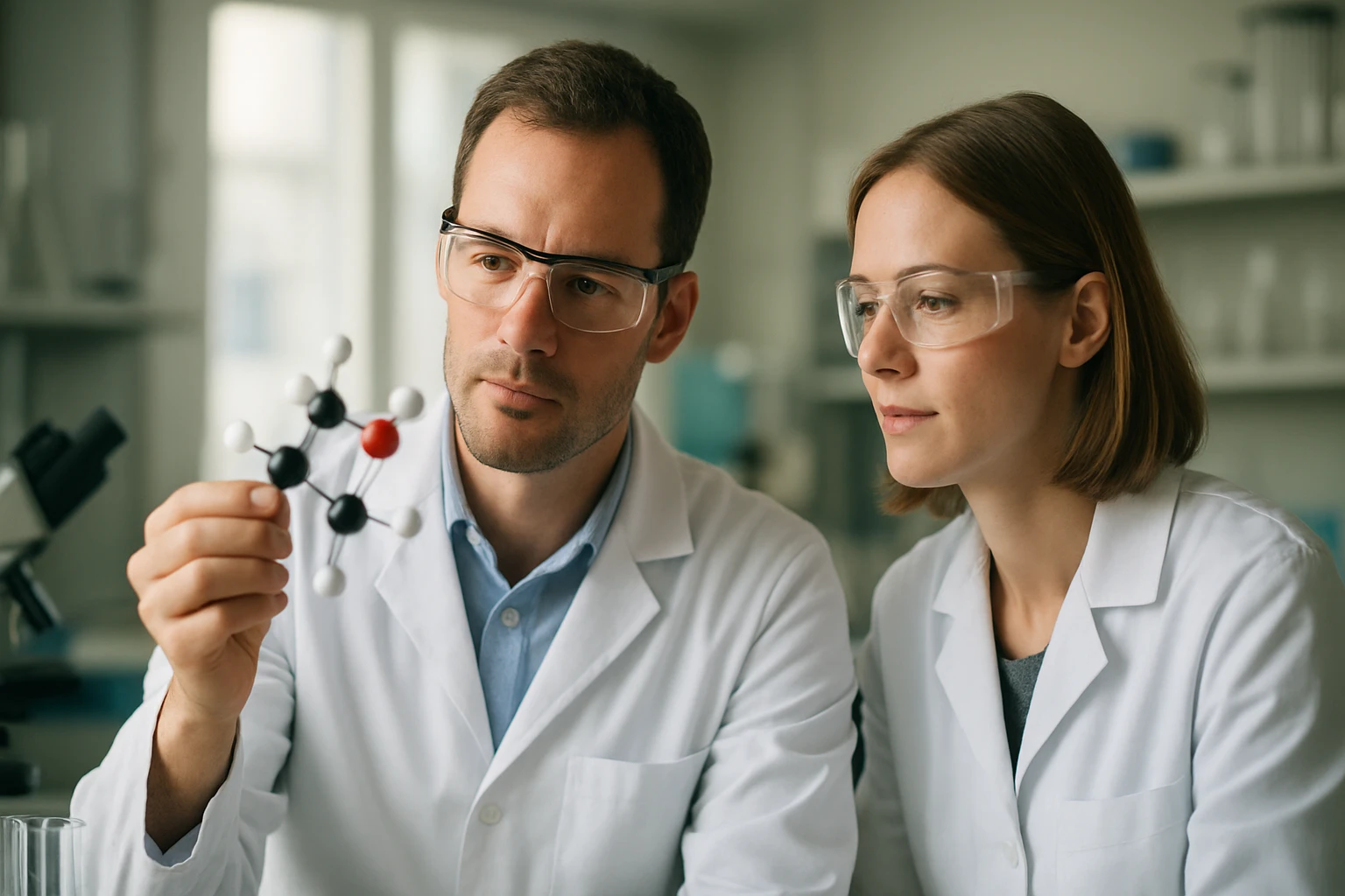 Két tudós az ecetsav-vinil-észter molekuláját vizsgálja laboratóriumban.