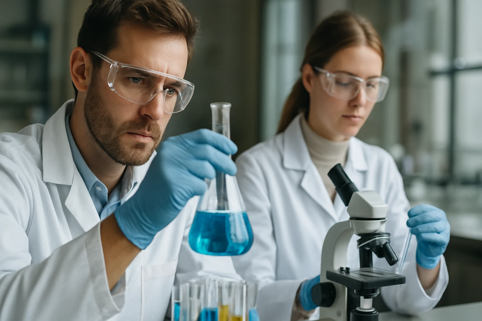 Kémiai laboratóriumi kutatók dolgoznak az ecetsavas amil vizsgálatán.