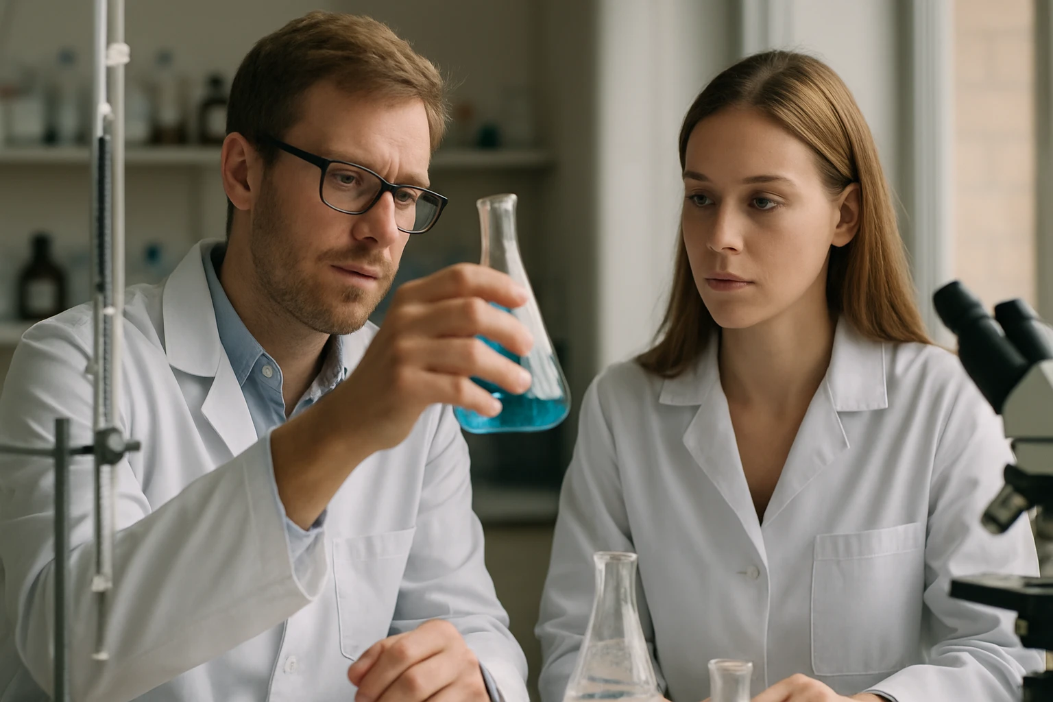 Két tudós laboratóriumban ecetsavas erjedést tanulmányoznak.