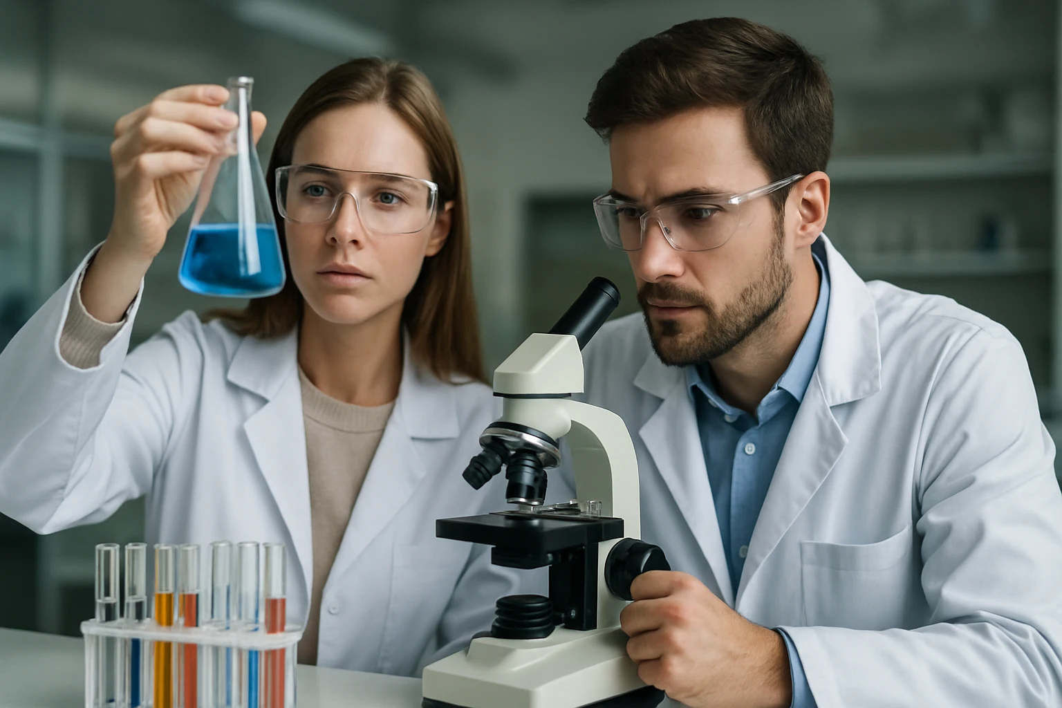 Két kutató laboratóriumban, kémcsővel és mikroszkóppal dolgoznak.