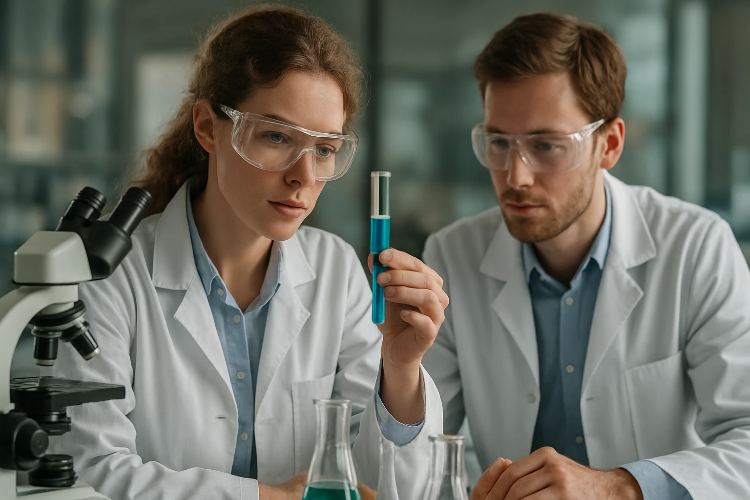 Kémikusok laboratóriumban, kémiai reakciót vizsgálva.