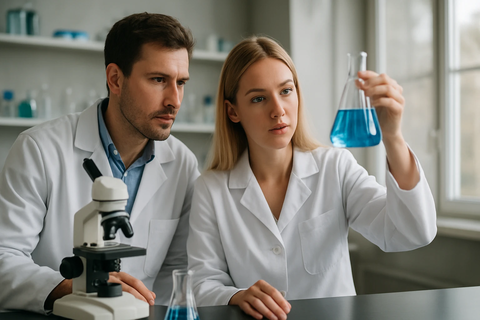 Egyszerű bázisú savak: Jelentőségük, erősségük és kémiai tulajdonságaik Kémikusok laboratóriumban kék folyadékot vizsgálnak.