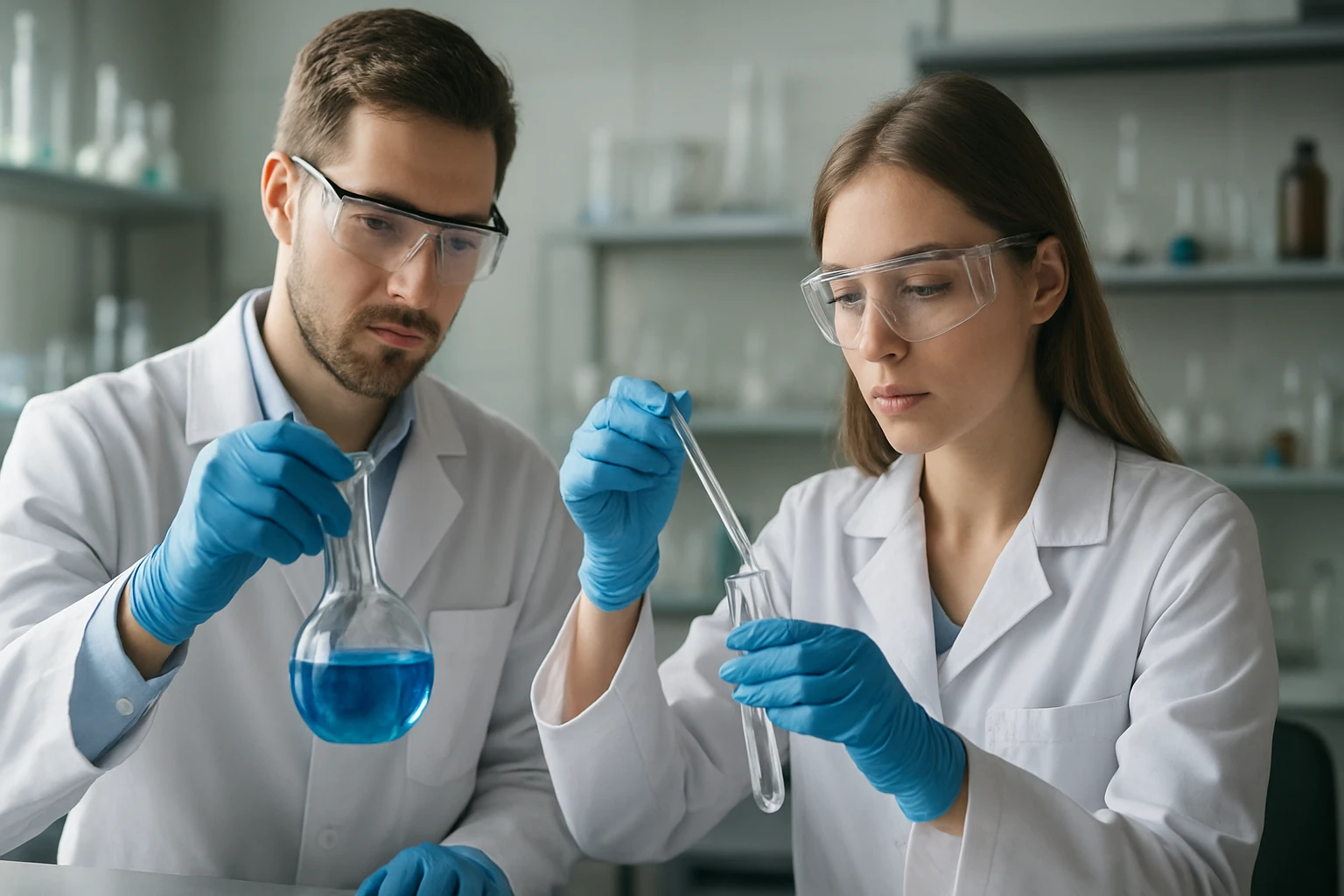 Két tudós laboratóriumban einsteiniumot vizsgál, kémiai kísérlet