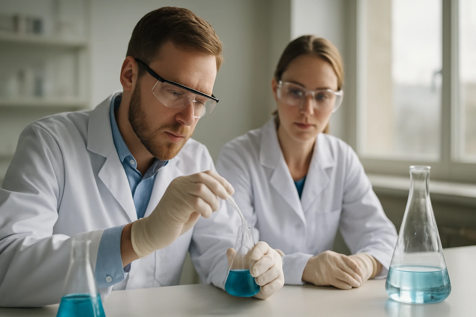 Két tudós laboratóriumi környezetben, csiszolópor vizsgálatakor.