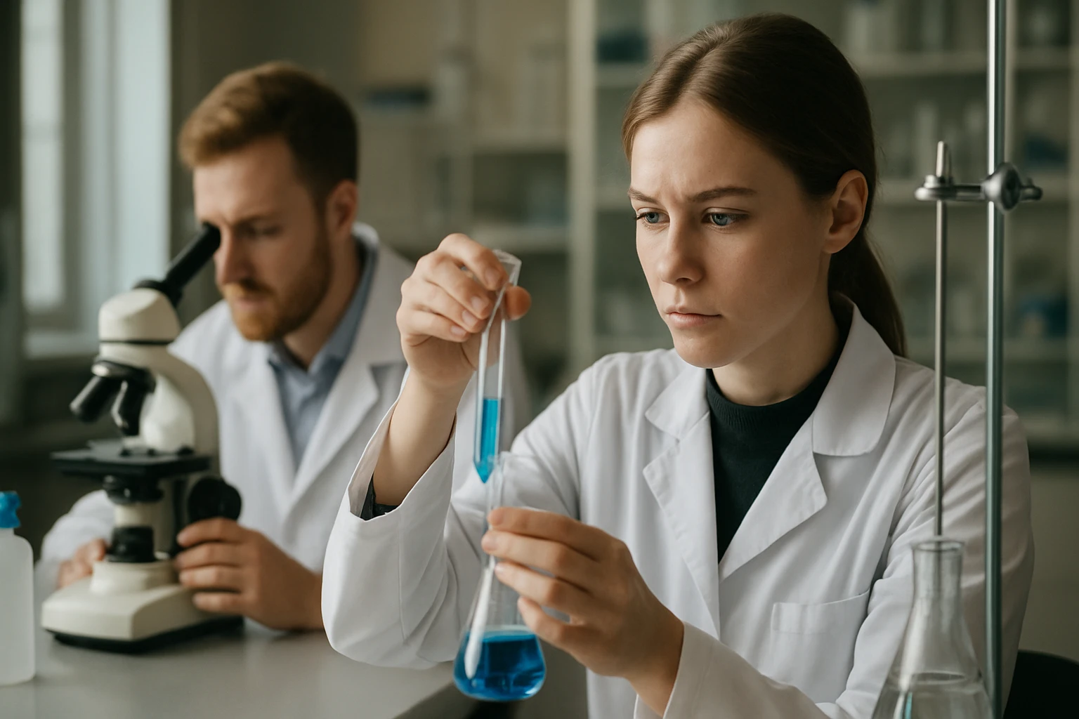 Két kutató laboratóriumban kémiai kísérletet végez