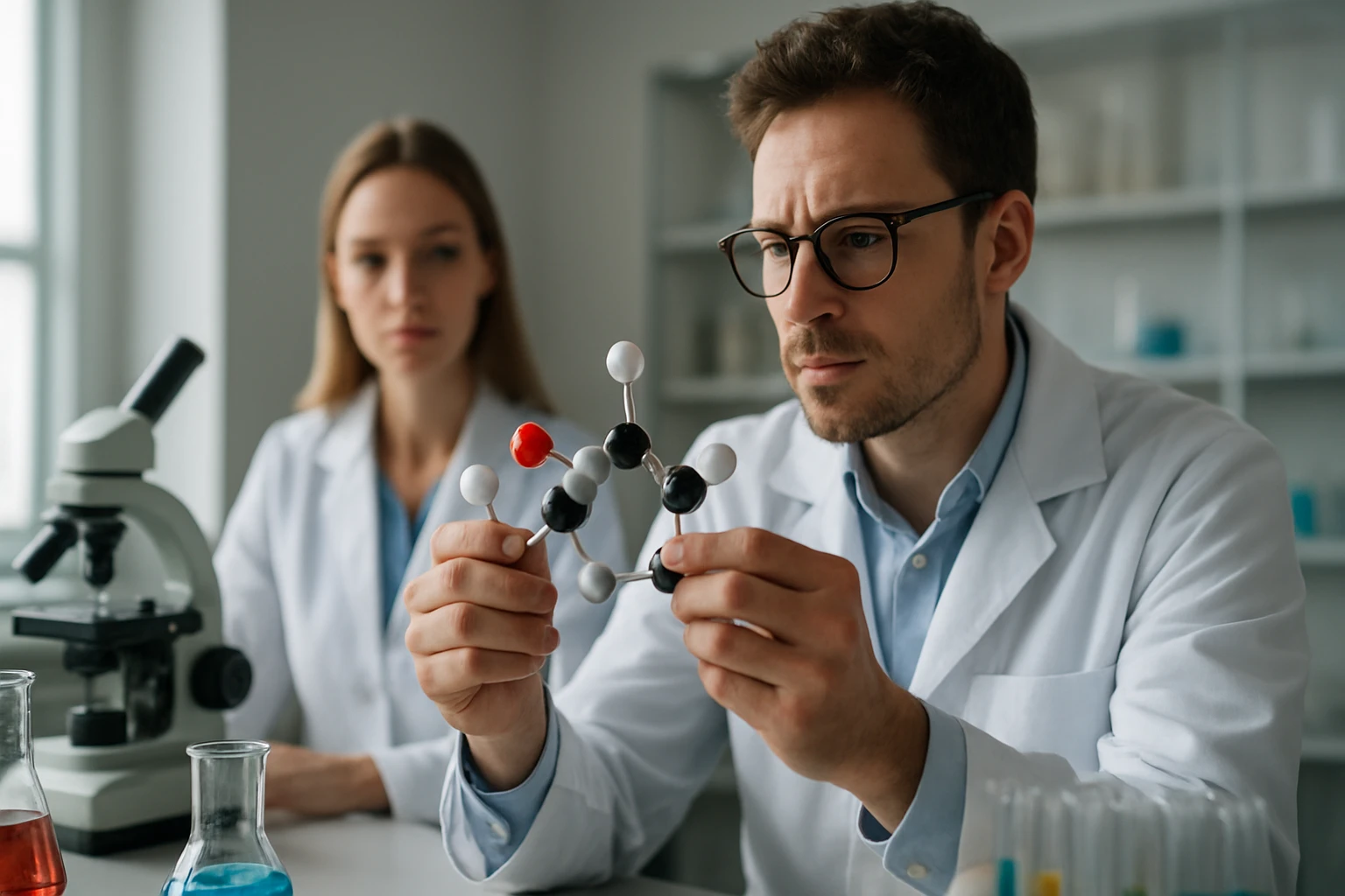 Kémikusok molekulamodellel és mikroszkóppal laboratóriumi környezetben.