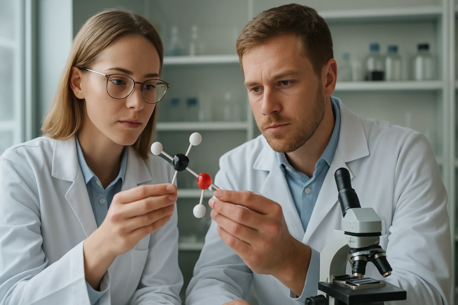 Az elaidinsav képlete, jellemzői és élettani hatásai: amit tudni érdemes Két kutató az elaidinsav molekuláris szerkezetét vizsgálja laboratóriumban.