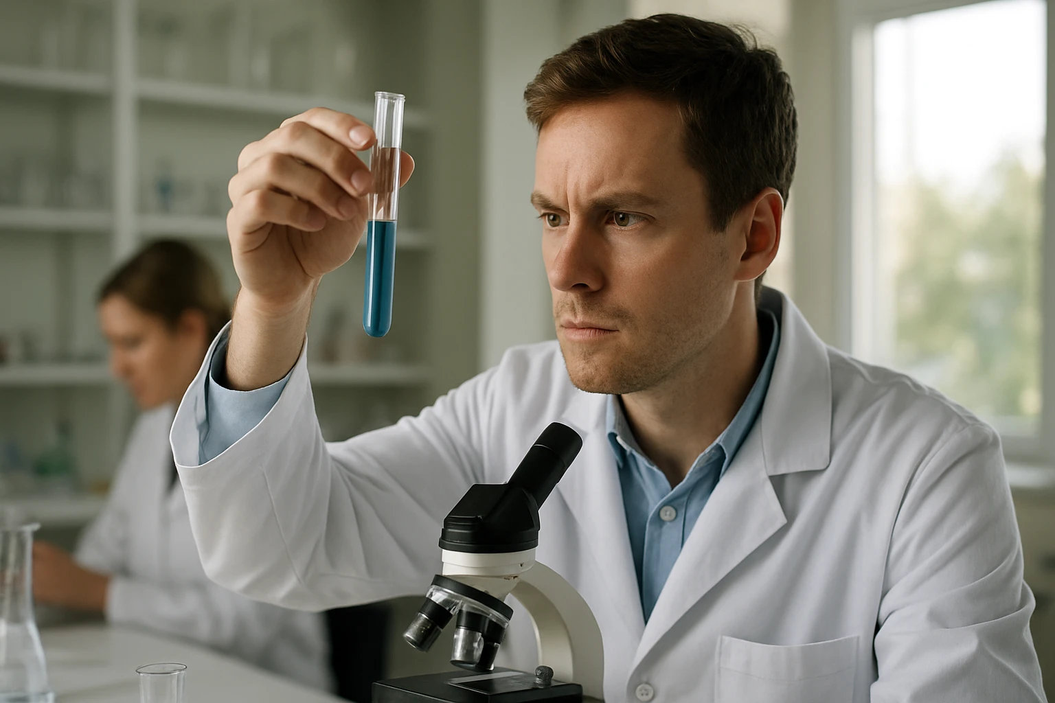 Kémikus laborban kék folyadékkal teli kémcsövet vizsgál