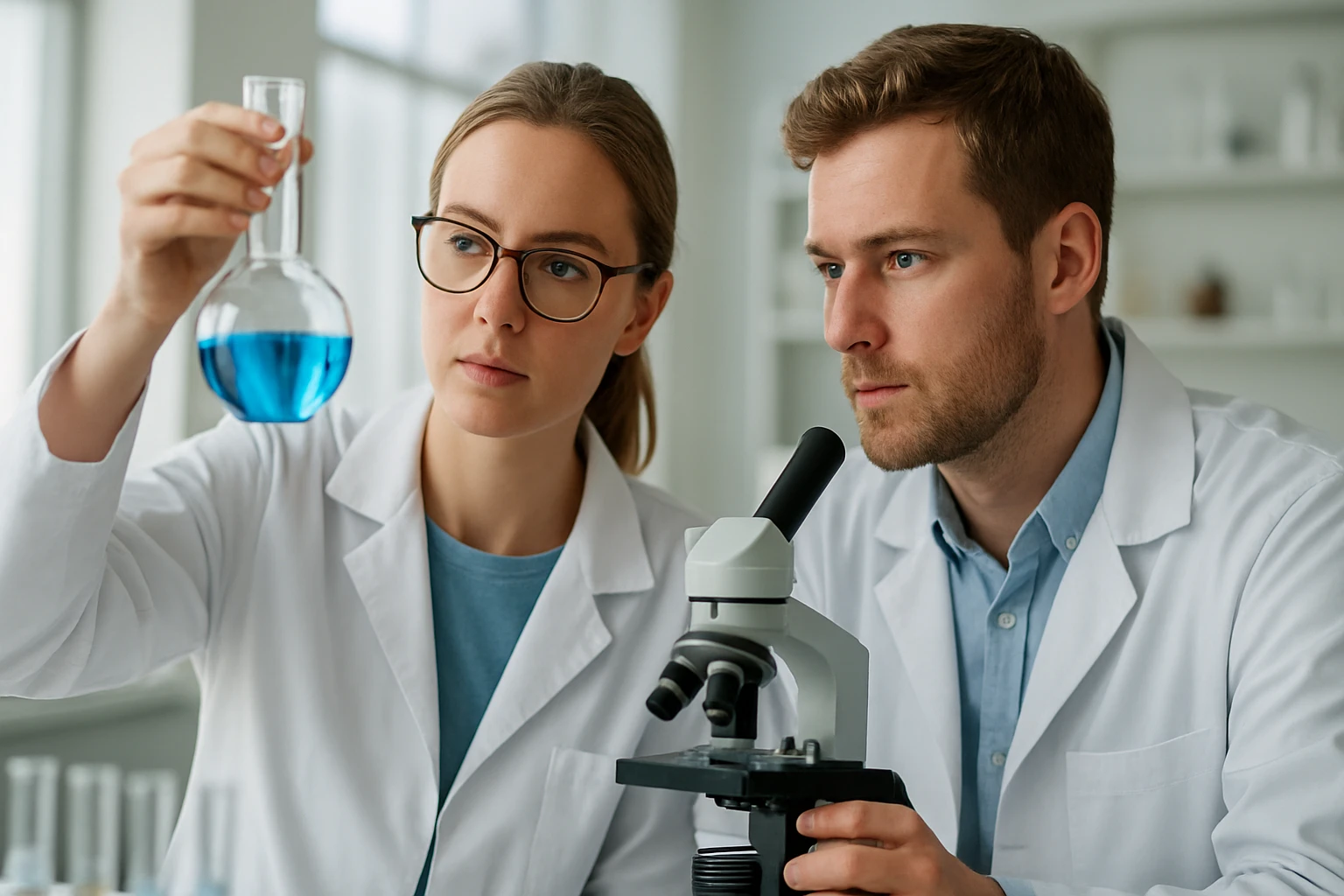 Két tudós elektrokémiai folyamatokat vizsgál laboratóriumi környezetben.