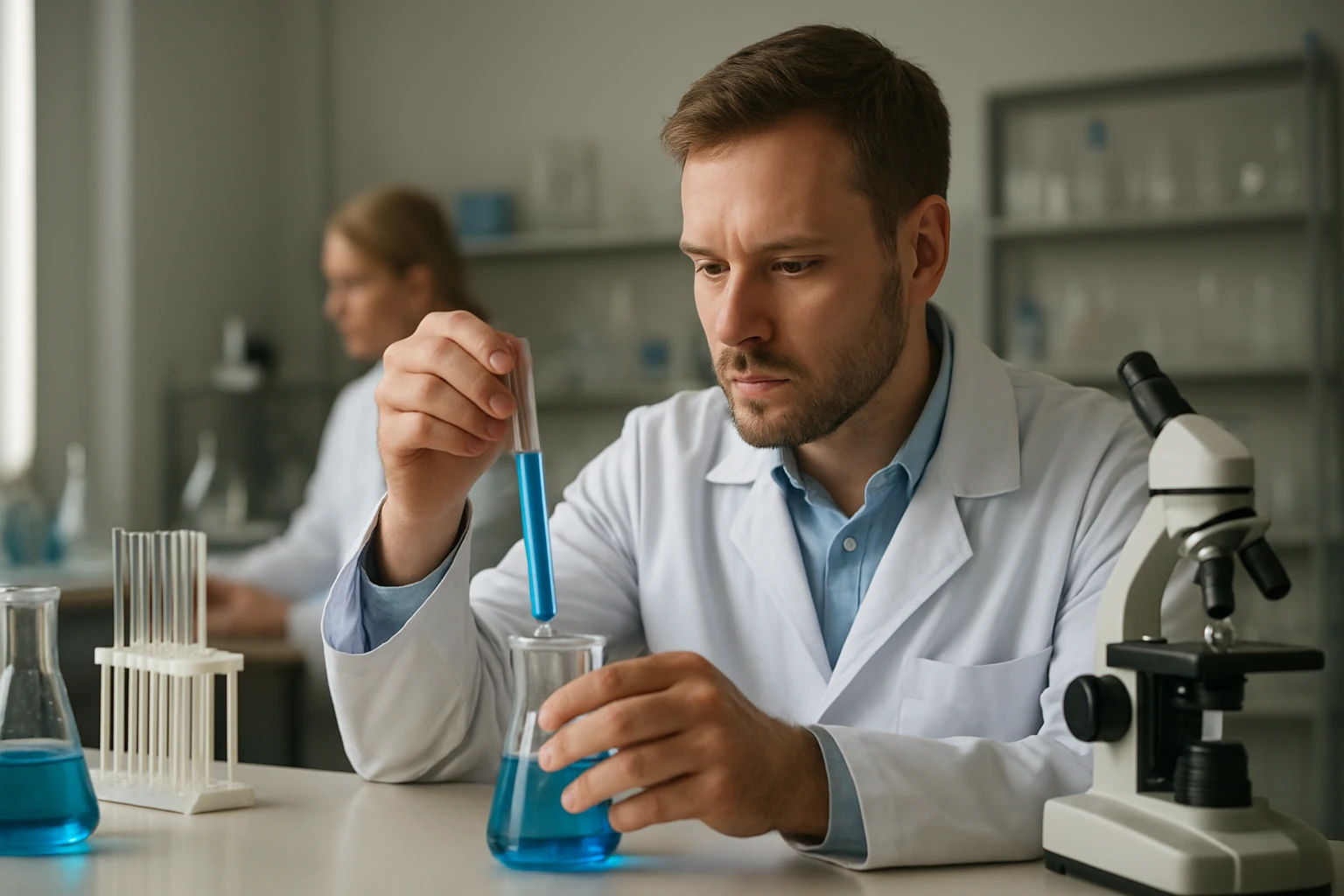 Laboratóriumi kémikus kék folyadékkal végzi az elektrolitikus elválasztást