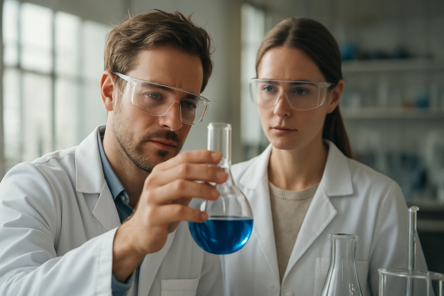 Két tudós laboratóriumban elektrolitot vizsgál.