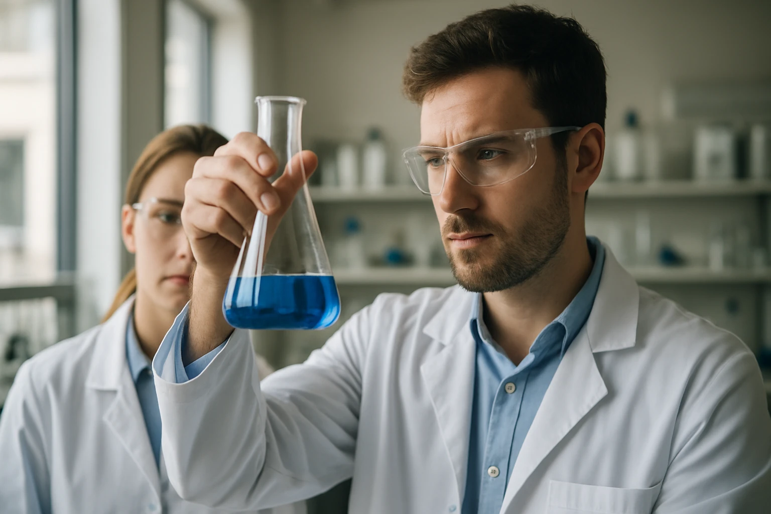 Két vegyész laboratóriumban kék folyadékot vizsgálva.