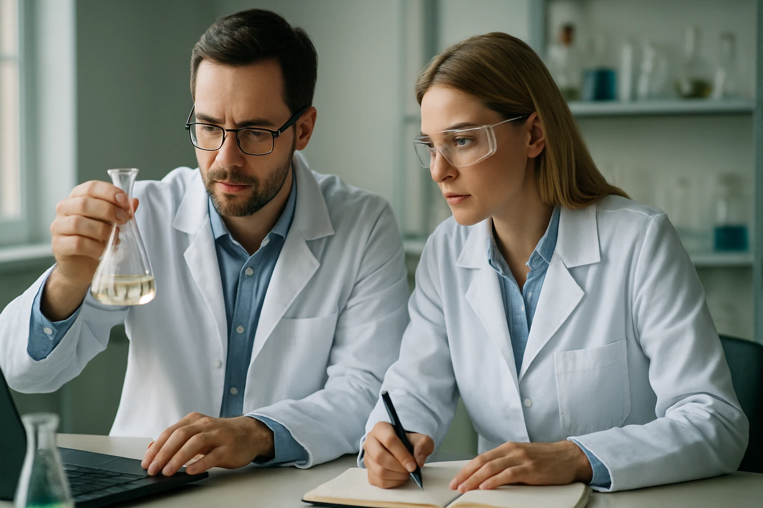 Két kutató laboratóriumban, kémiai kísérletet végeznek.