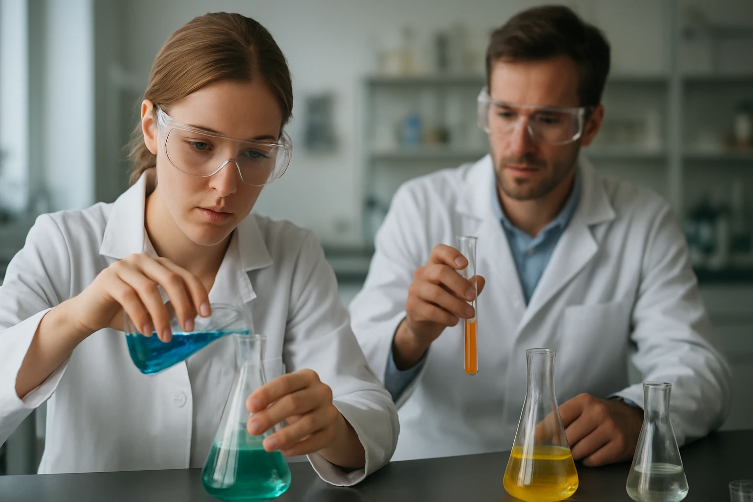 Két tudós kémiai kísérletezés közben laboratóriumban.