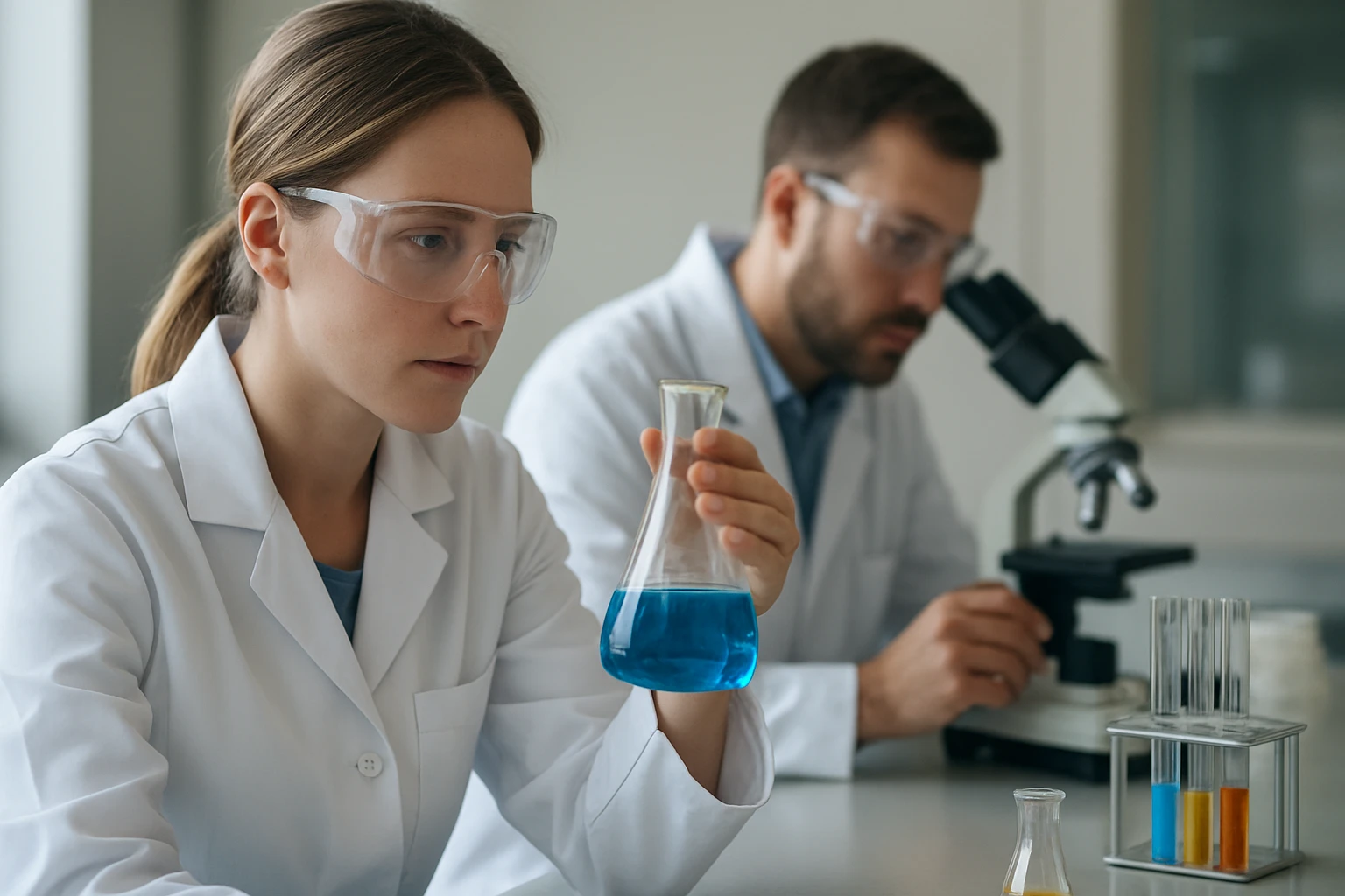 Két laboratóriumi szakember kémiai kísérletet végez, kémcsövek és mikroszkóp mellett.