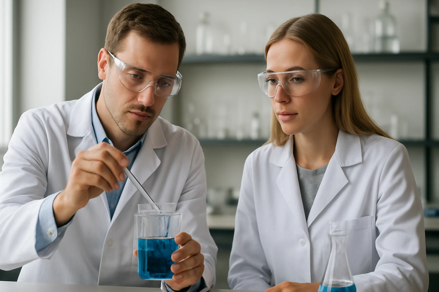 Az első ionizációs potenciál jelentése és trendjei a periódusos rendszerben Két tudós kémiai kísérletet végez laboratóriumban kék folyadékkal.