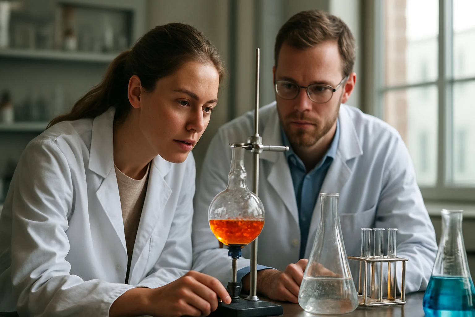 Két kémikus figyeli az eluatumot a laboratóriumban.