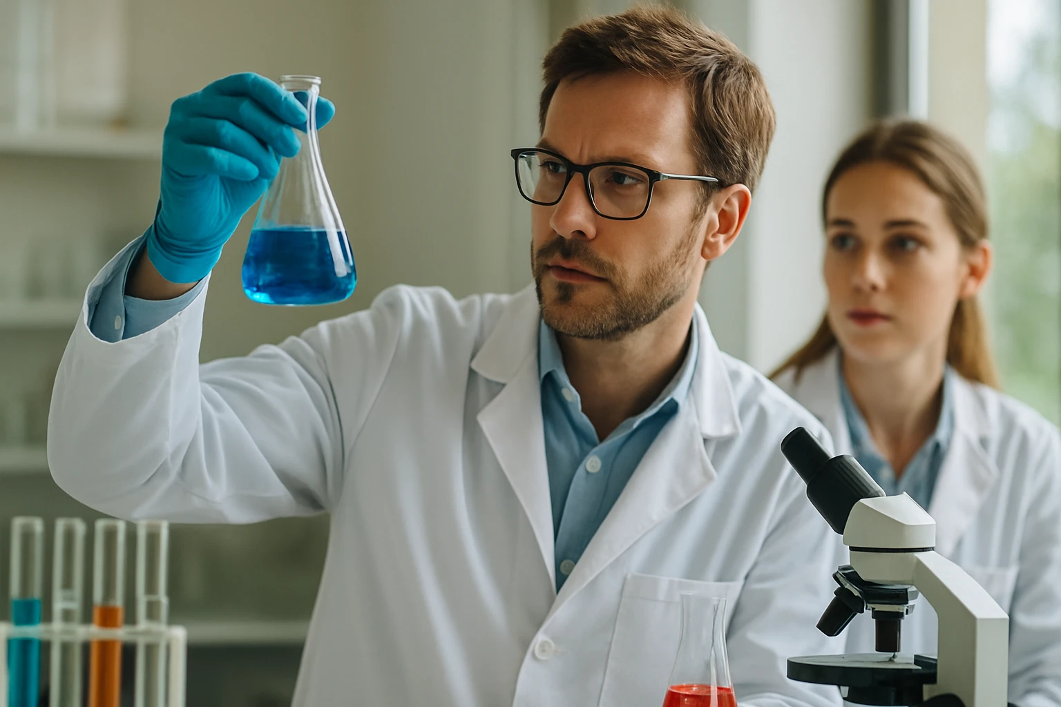 Kémiai kísérlet során kék folyadékot tartó laboratóriumi munkatárs