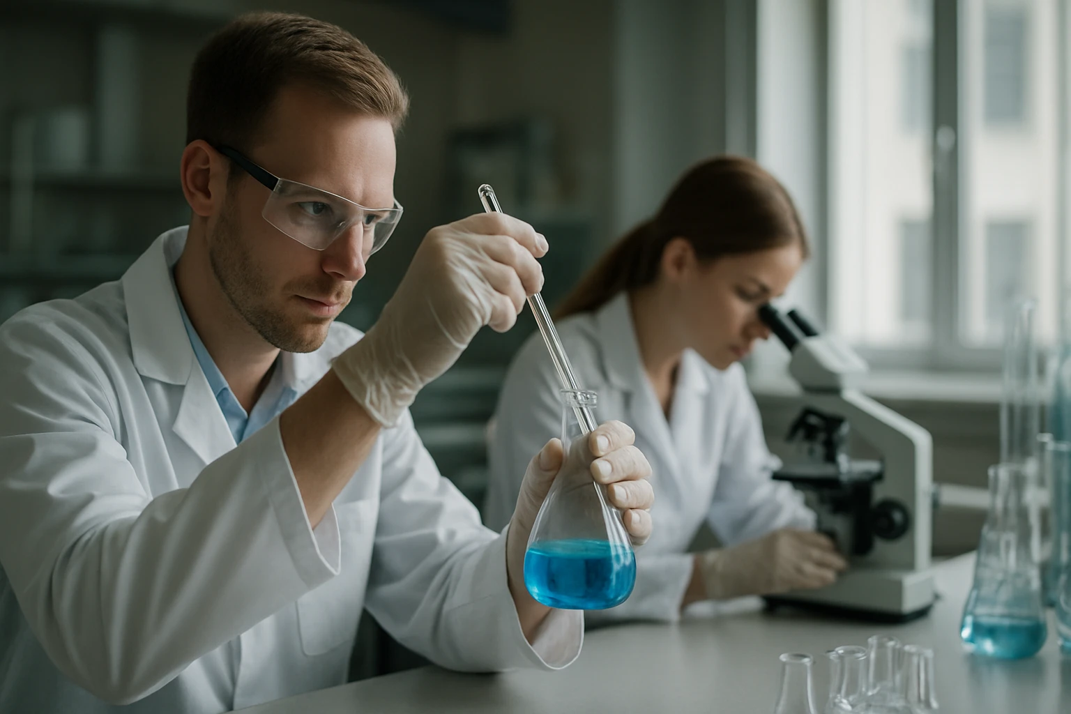 Kutatók laboratóriumi kémiai kísérleteket végeznek