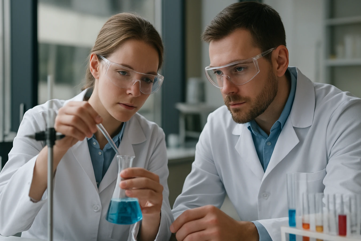 Két vegyész laboratóriumban enolokkal végzett kísérletet végez.