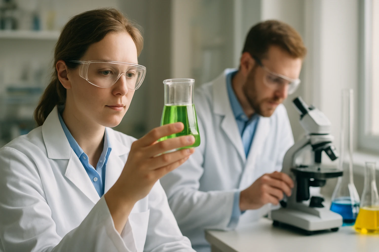 Két tudós laboratóriumban, zöld folyadékkal teli kémcsővel