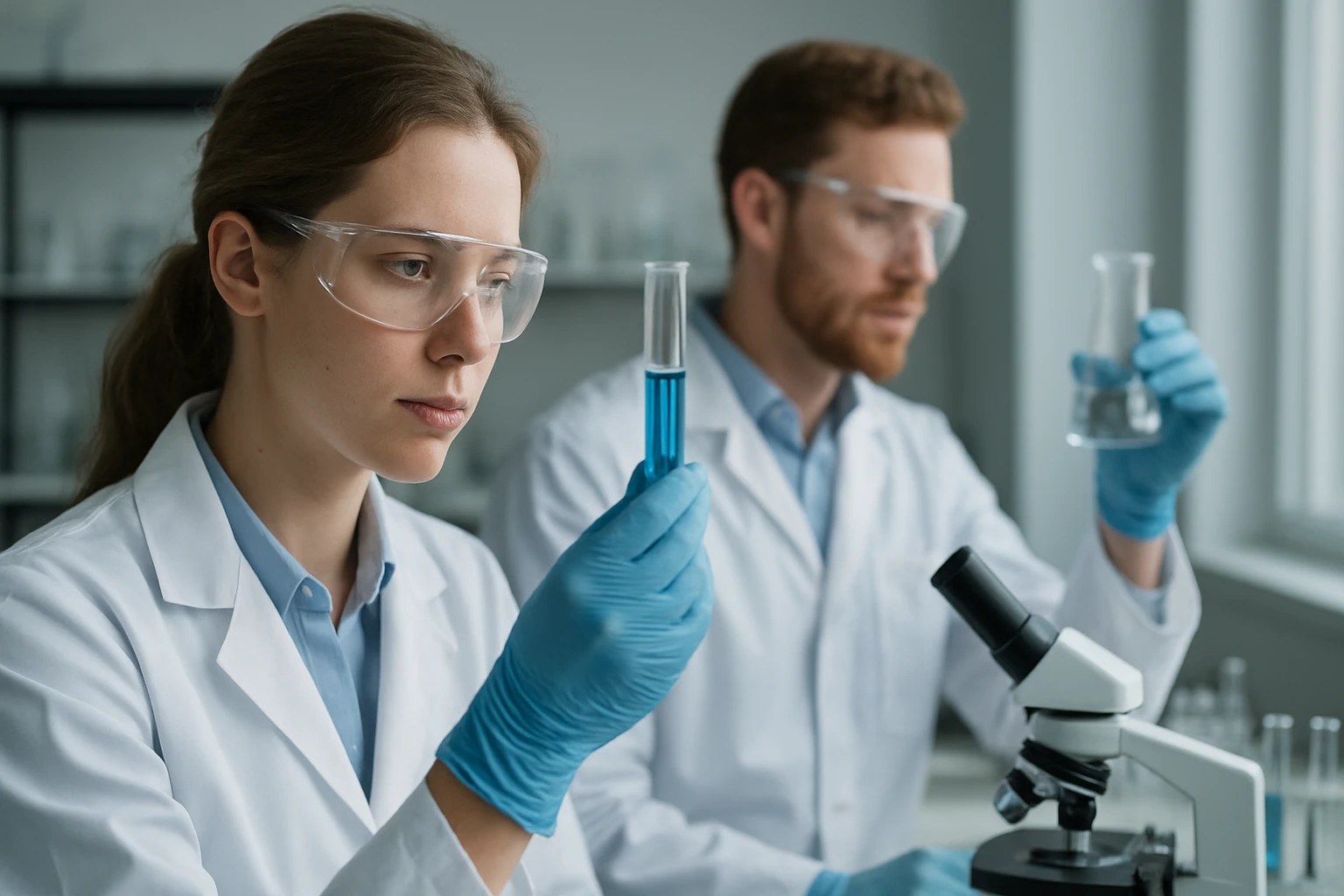 Két tudós laborban dolgozik magnésium-szulfáttal kapcsolatos kísérleteken.