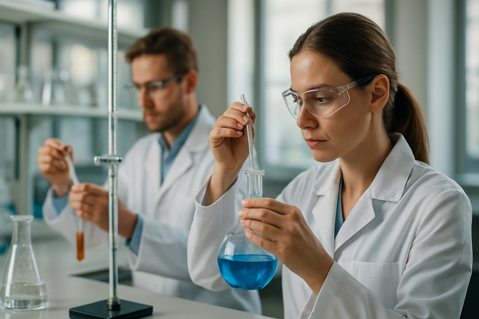 Két tudós laboratóriumban, éppen kémiai kísérleteken dolgoznak.