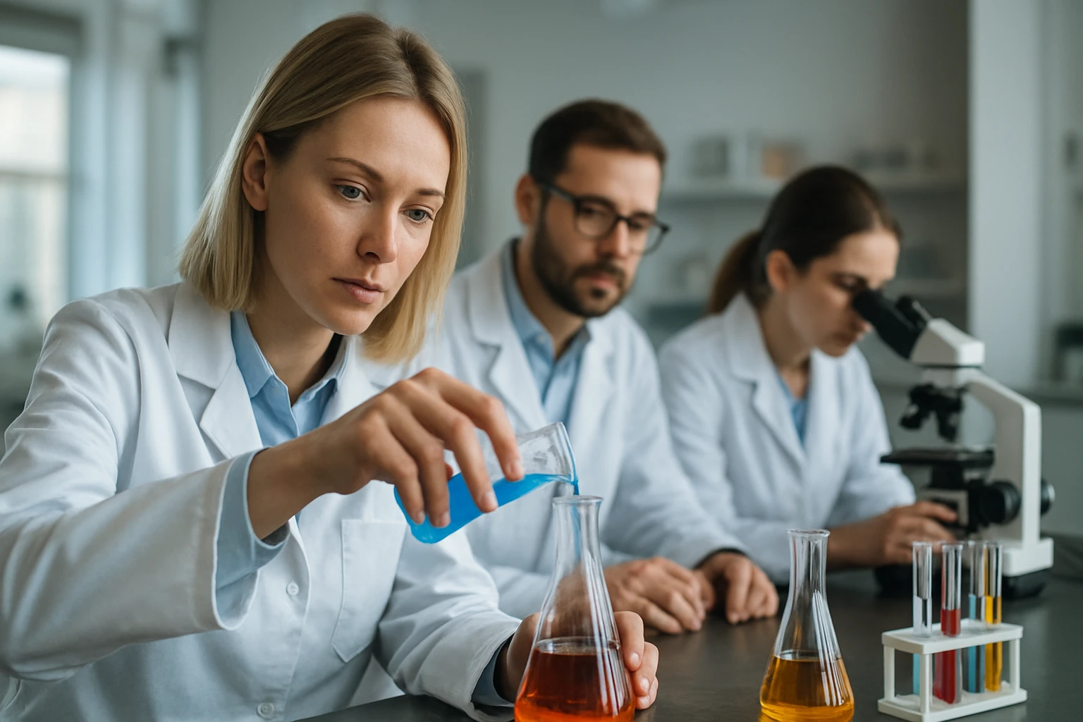 Kémiai kísérleteket végző tudósok laboratóriumban az édes ízű etán-1,2-diol vizsgálatával.