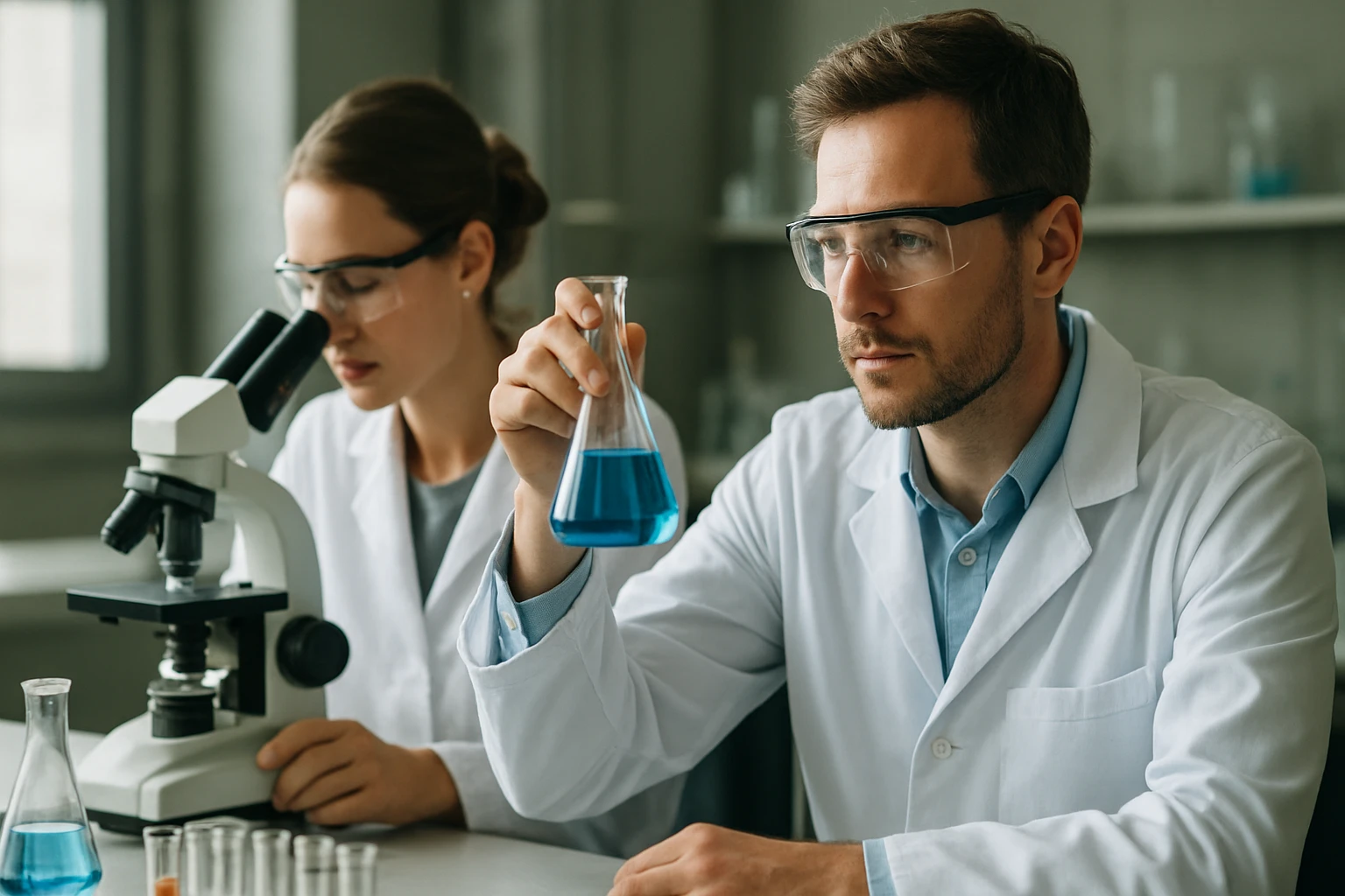 Két kutató a laborban etanál vizsgálatát végzi kémiai kísérletek során.