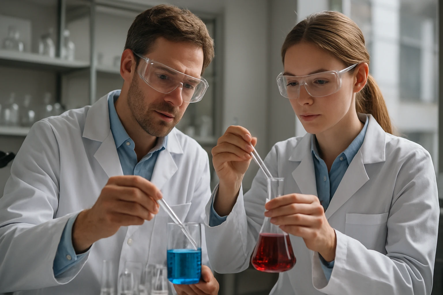 Két kutató laboratóriumi kísérletet végez, etándikarbonsav vizsgálat.