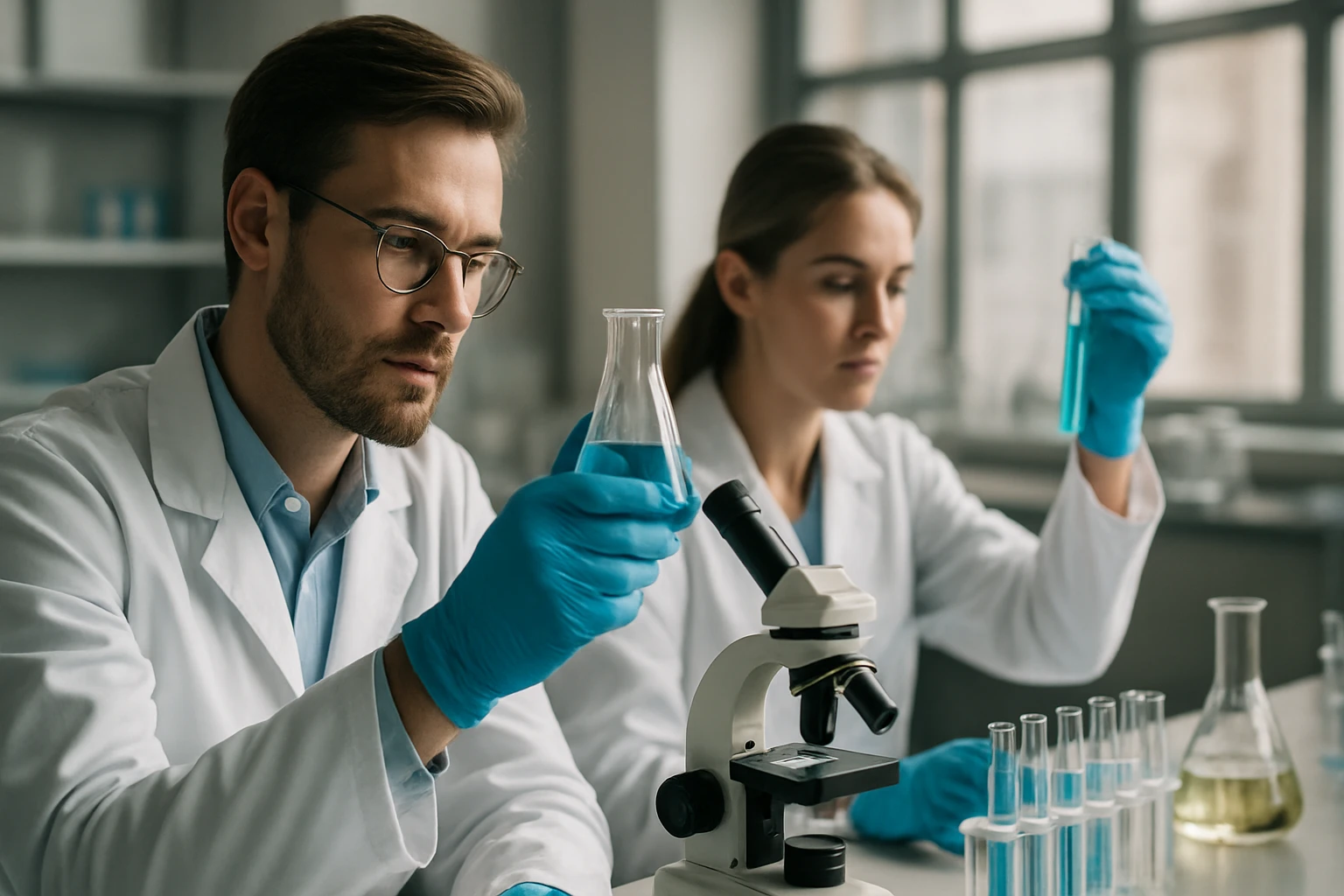 Kémikusok etanol kísérleteznek laboratóriumban