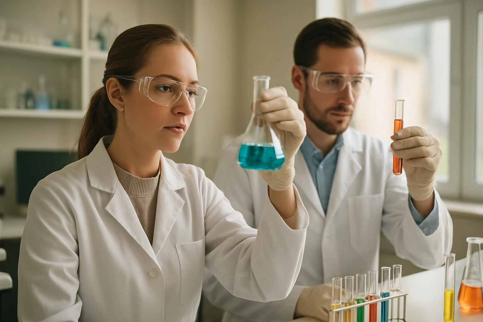 Két tudós laboratóriumban kémiai kísérletet végez.