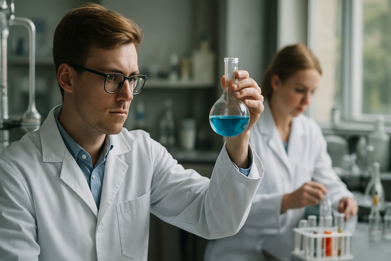Kémiai laboratóriumban dolgozó kutatók etil-alkoholt vizsgálnak.