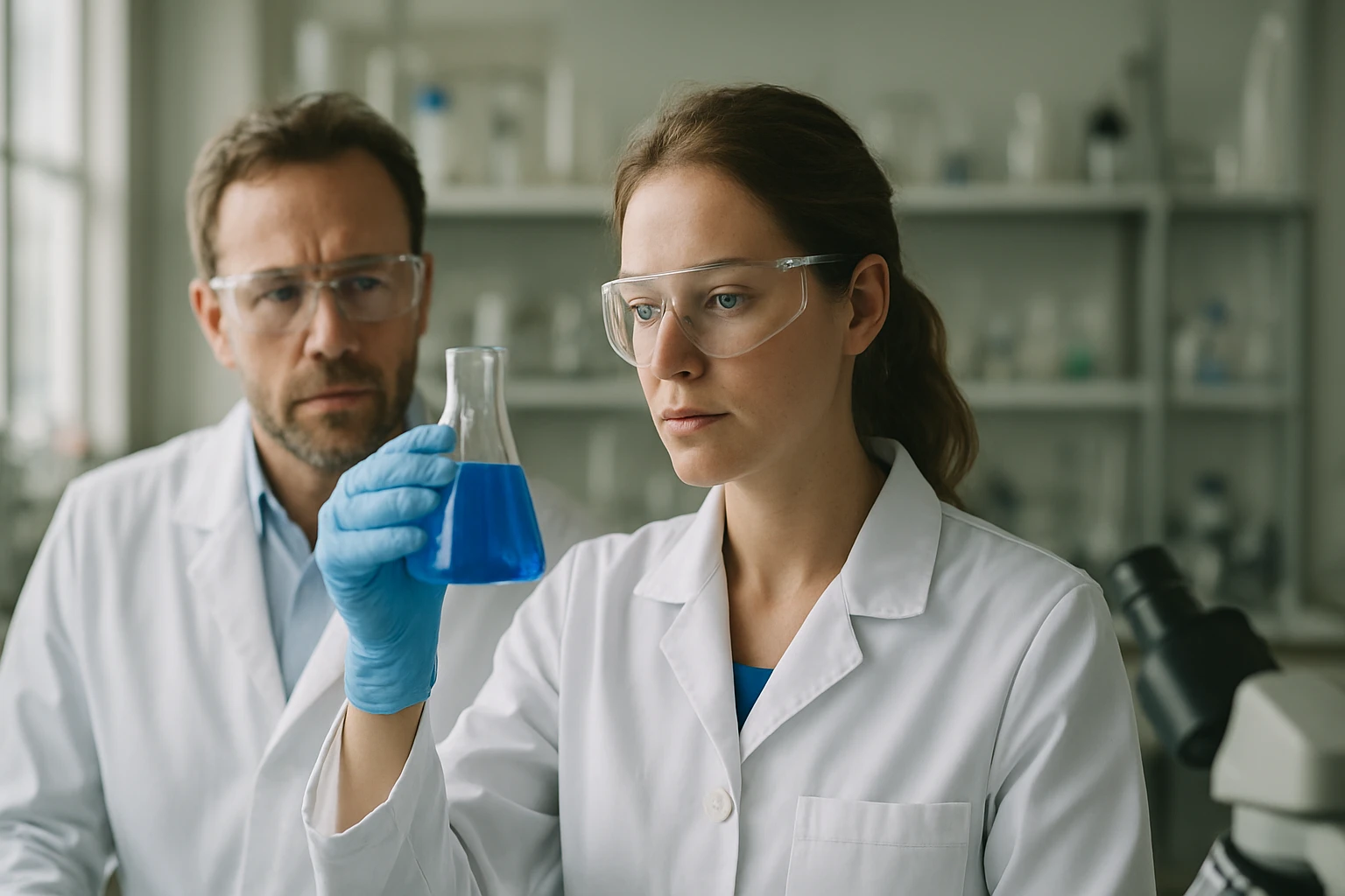 Két tudós laboratóriumban etil-amint vizsgálnak kék folyadékkal.