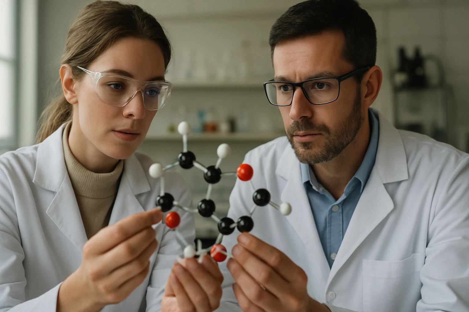 Két tudós etilén molekulát vizsgál, laboratóriumi környezetben.