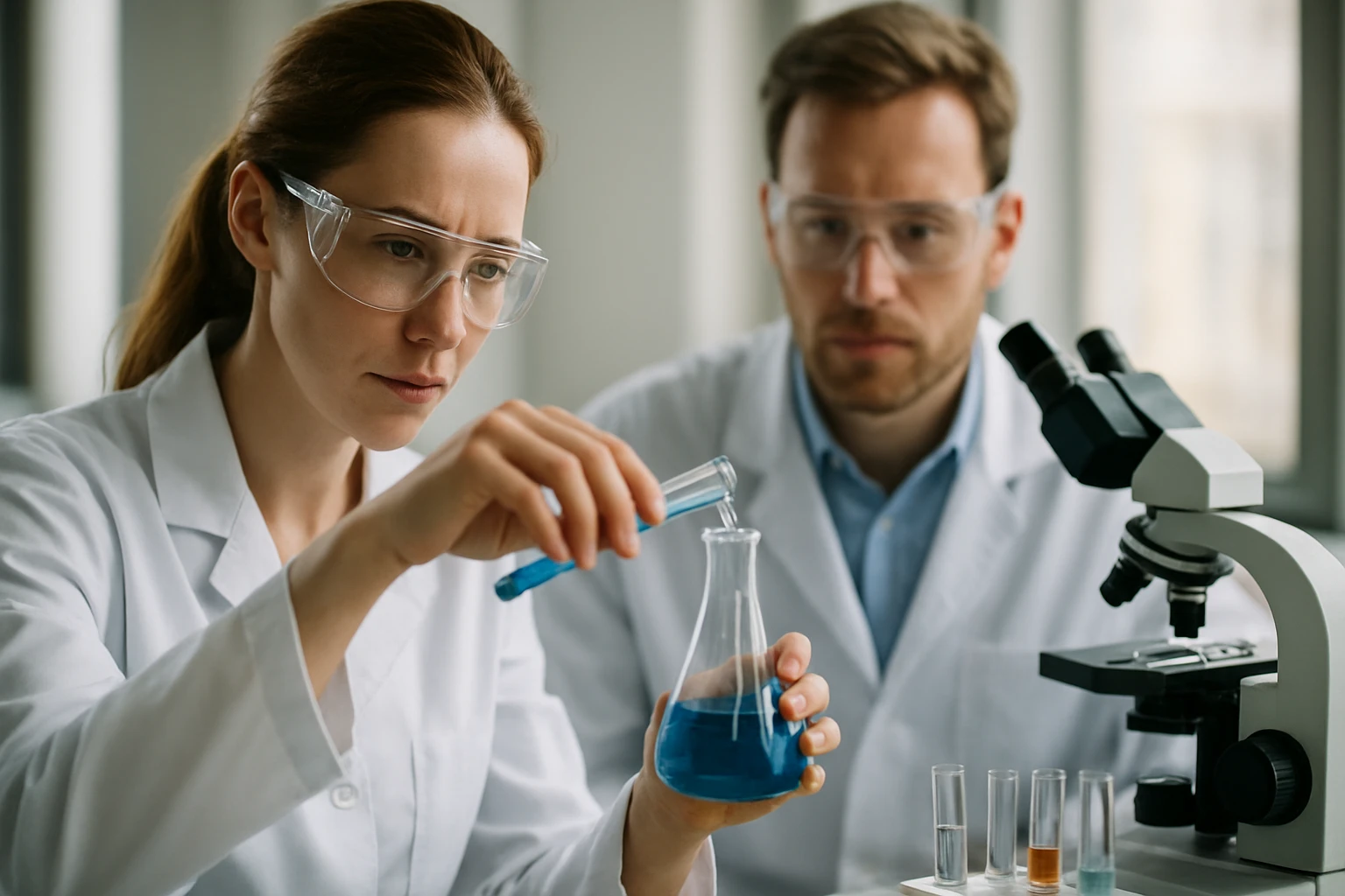 Két kutató etilén-kloriddal kapcsolatos kísérletet végez laboratóriumban.