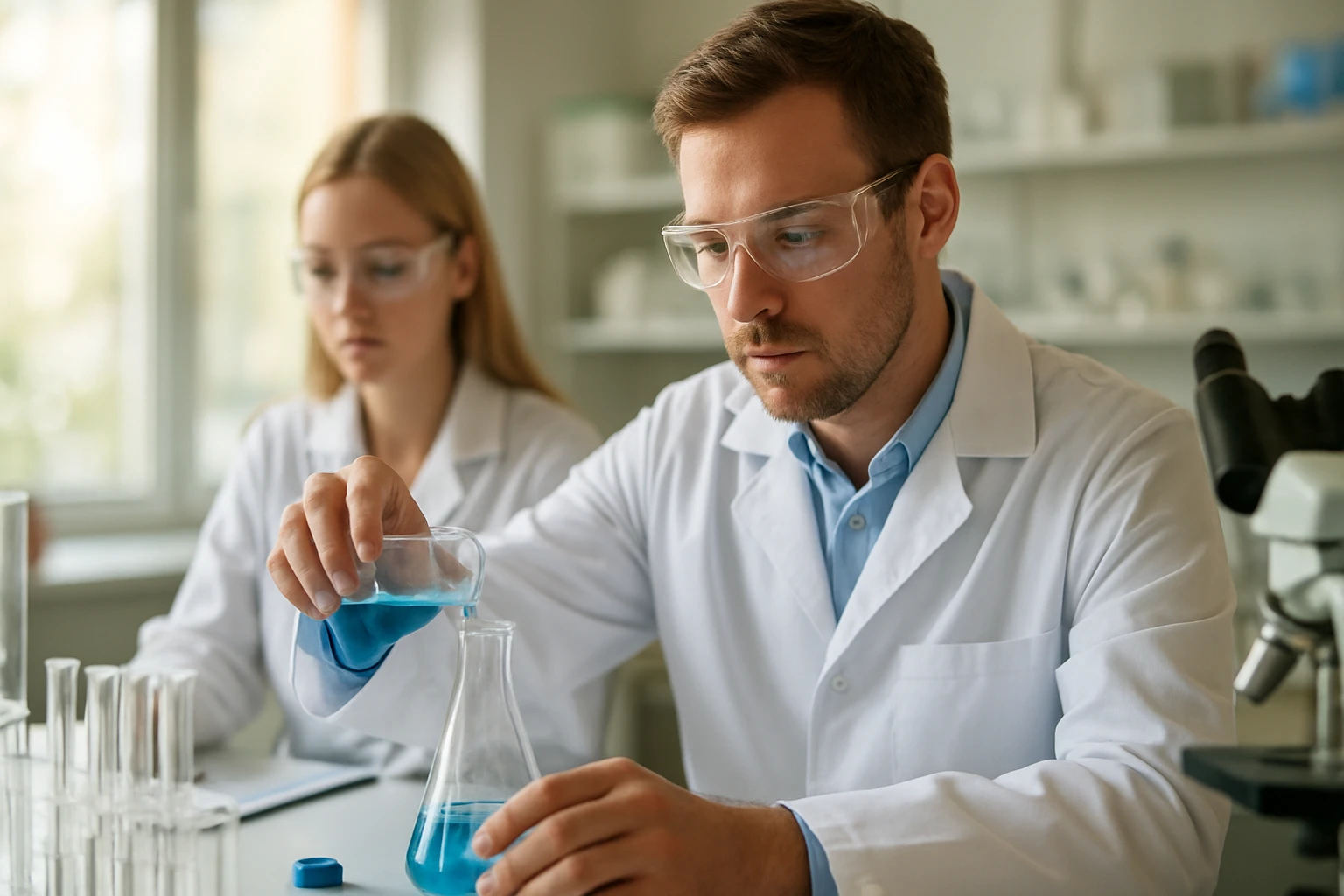 Két vegyész laboratóriumban, etilén-oxid kémiai kísérlet végzése közben.