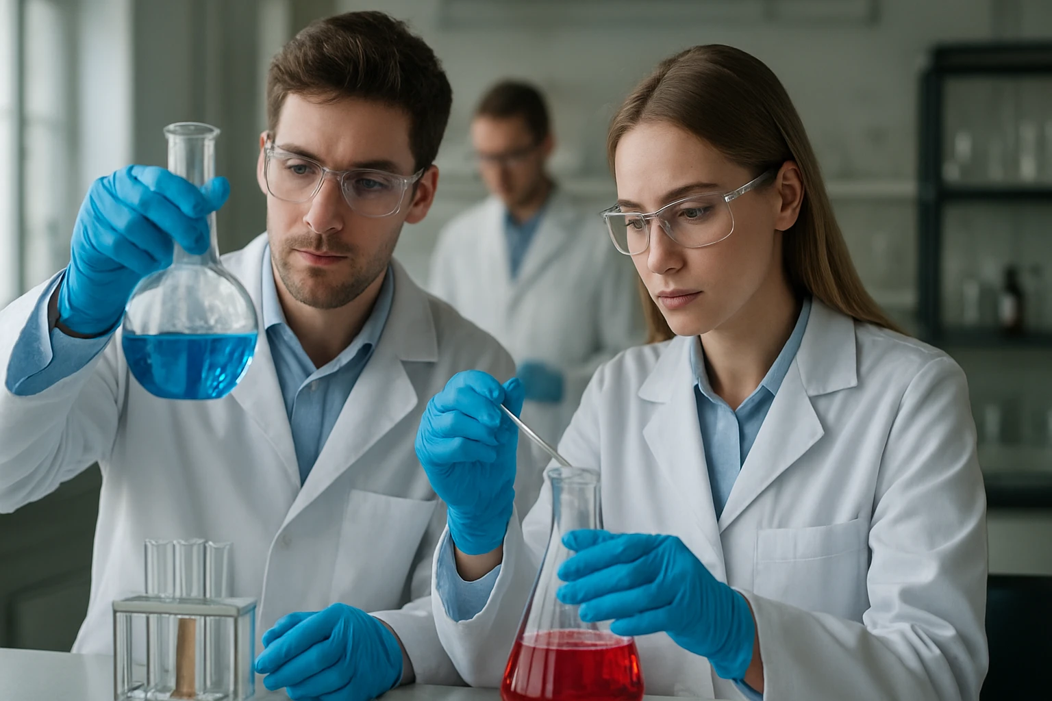 Két tudós laboratóriumban etoxi-etánnal végzett kísérletek során.