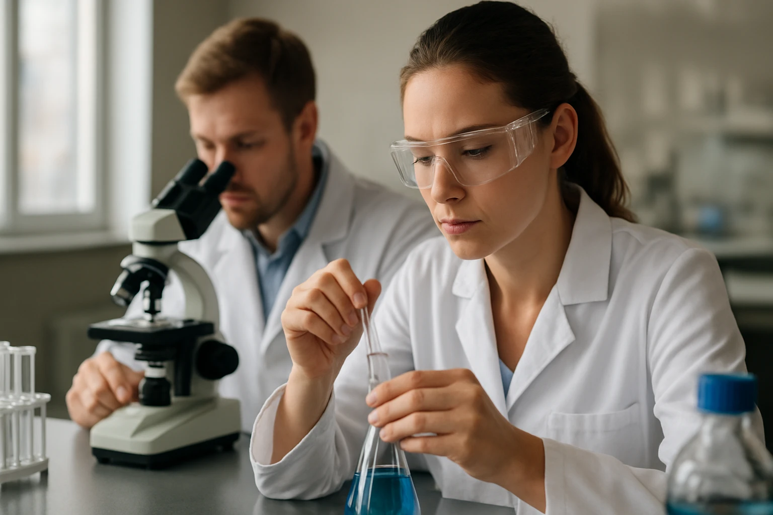 Két tudós laboratóriumban, eukaliptol kémiai elemzése közben.