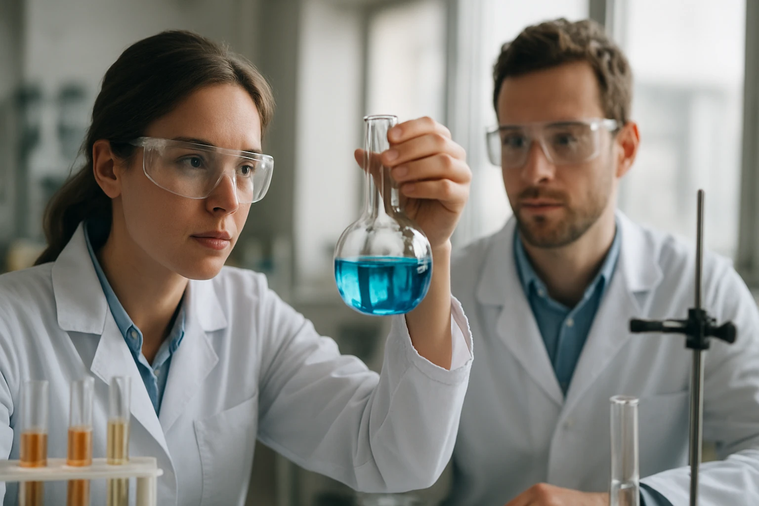 Két tudós laboratóriumban, kémcsőben kék folyadékkal.