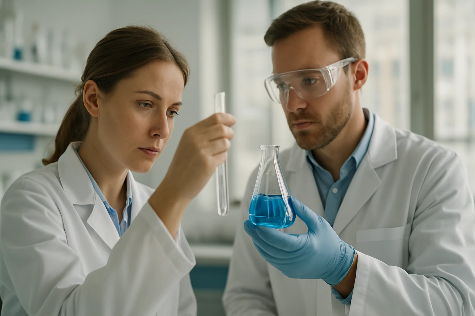 Két kutató laboratóriumban, különböző előkészített kémiai anyagokat vizsgálva.