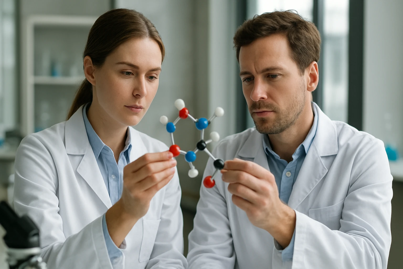 Kémikusok egy molekula modellt tanulmányoznak laboratóriumban